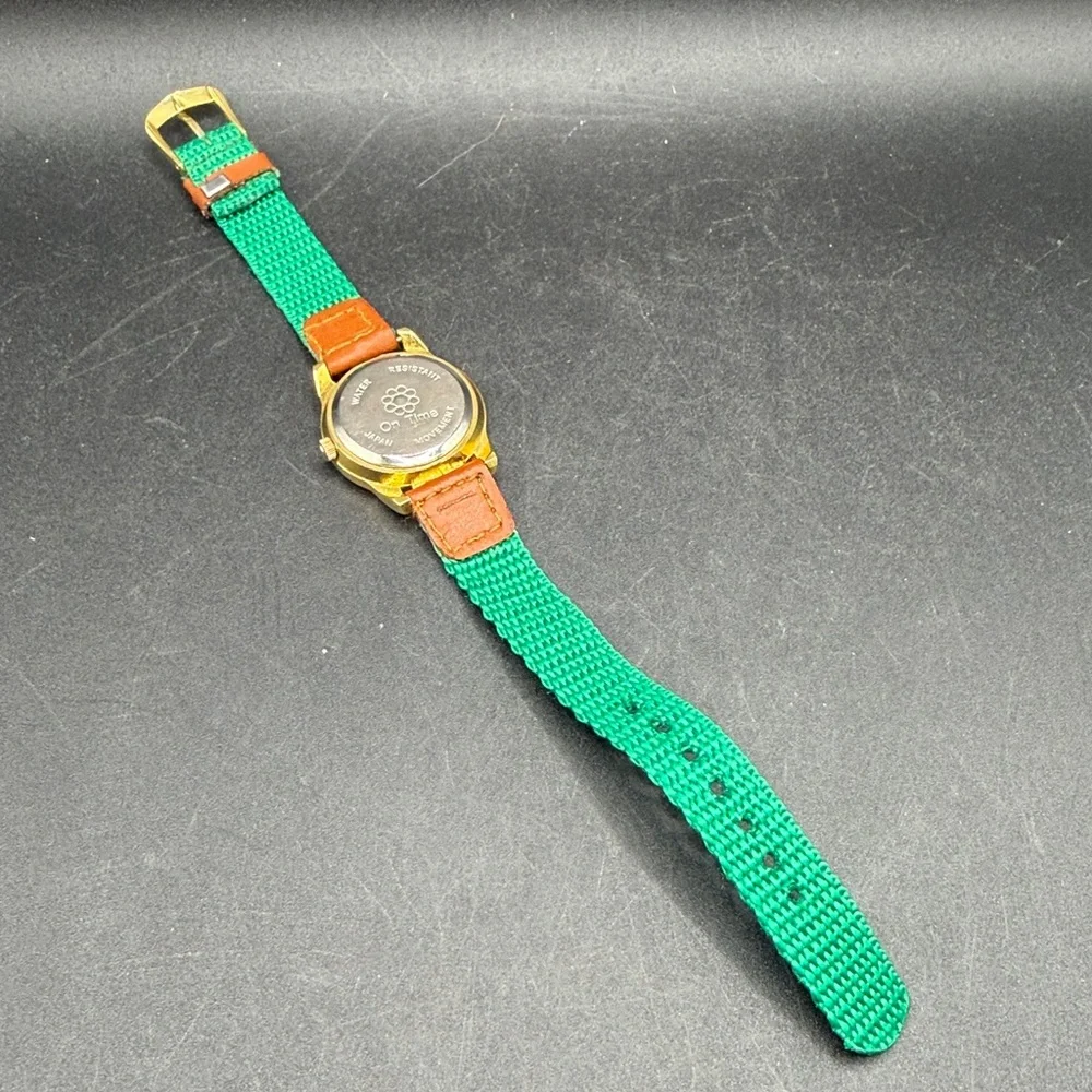 Vintage On Time Goldtone Pinnochio & Dog Watch Green Fabric Band Untested